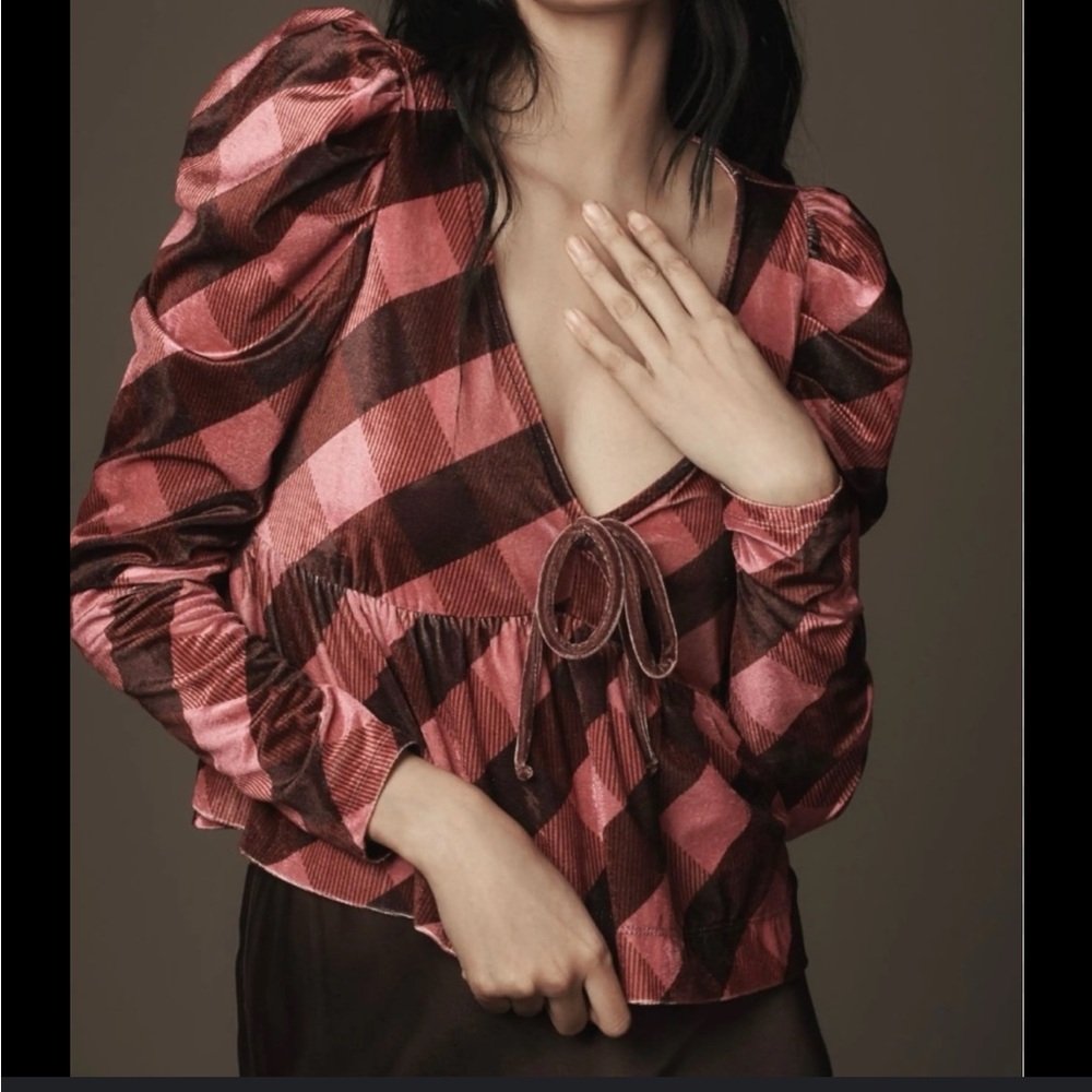 NWT Anthropologie Pink and Brown Checkered Blouse